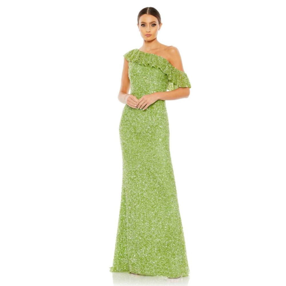 Mac Duggal Lime Green One-Shoulder Sequin Maxi Dress